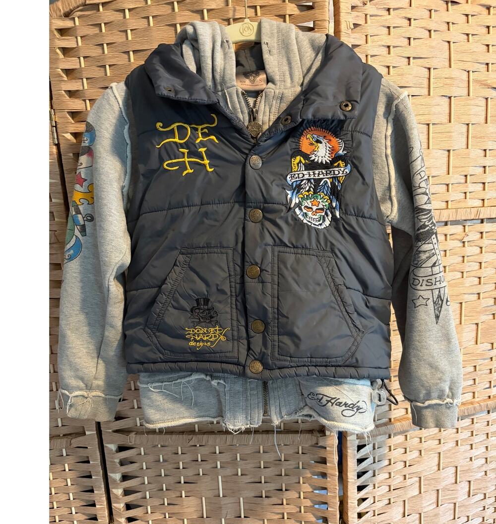 Vintage Y2K Ed Hardy Boys SM Panther Eagle 2-in-1 Hoodie Puffer Vest Jacket